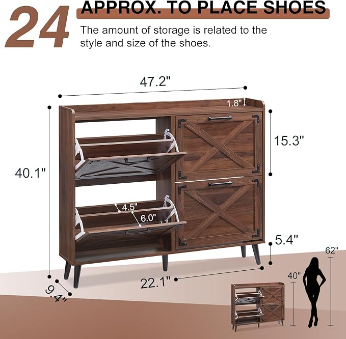 Barnyatoh Shoe Storage Cabinet,Farmhouse Shoe Organizer with 4 Flip Drawers & Barn Door Design,Hidden Slim Narrow Shoe Rack Cabinet for Entryway,Foyer,Hallway,Walnut