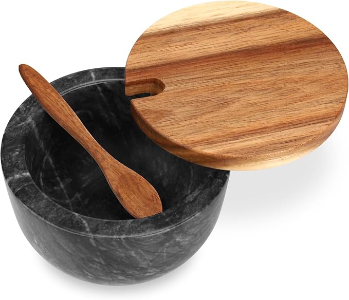 Marble Salt Cellar Box with Wood Lid & Spoon, Modern Black Stone Salt or Pepper Sugar Spice Seasoning Bowl Container Jar Holder Well Keeper Dish Pig Crock for Kitchen