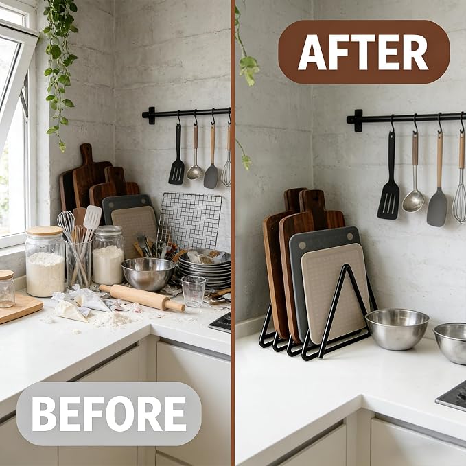 Cutting Board Organizer, Vertical Metal Stand | Kitchen Countertop and Cabinet Holder for Chopping Boards, Baking Sheets, Trays and Plates, Includes 2 Sponges and 1 Hook