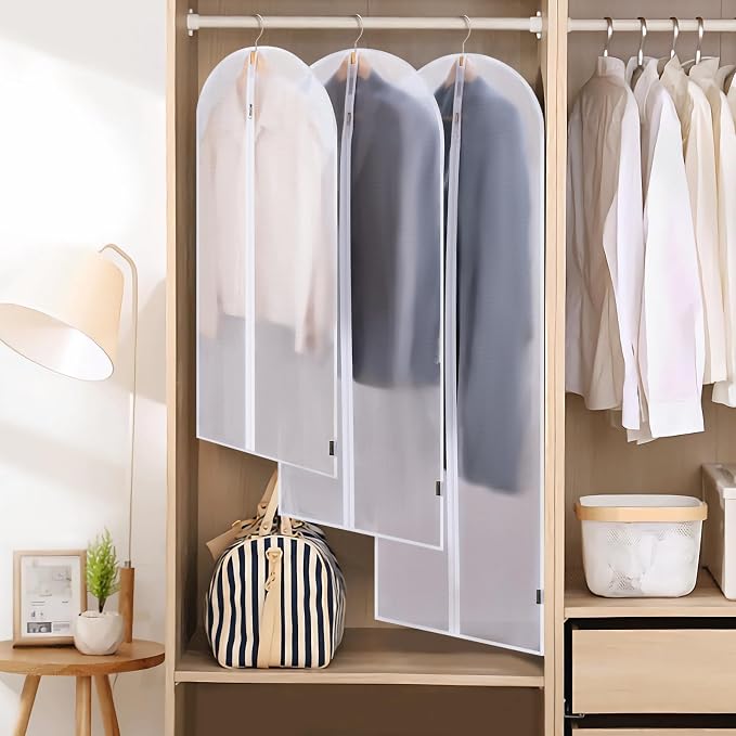BALEINE 60'' Translucent Garment Bags, 6 Packs PEVA Dress Bag for Closet Clothes Dresses Suit Coats Storage (White, 6PK)