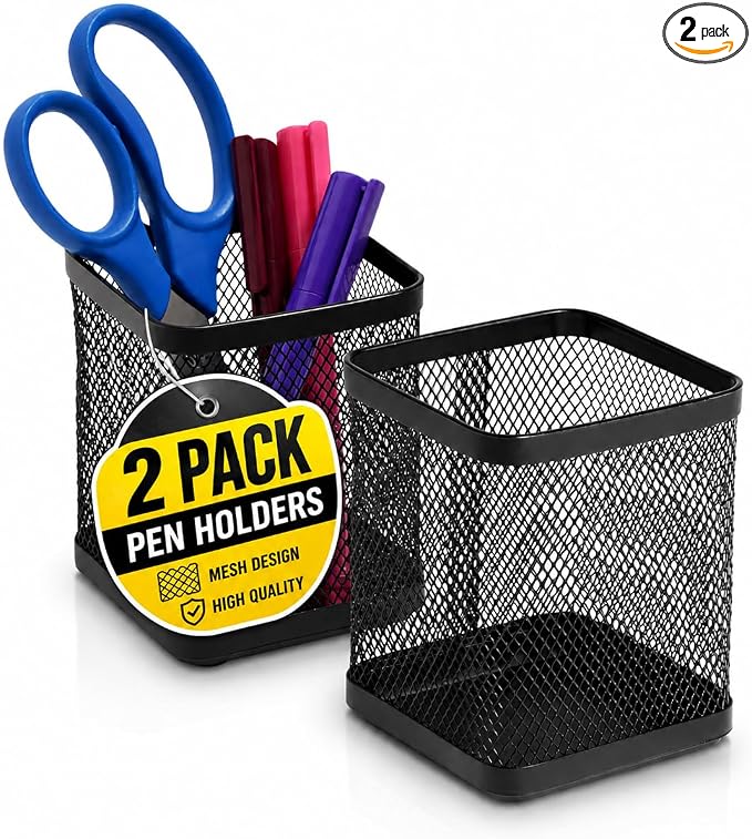 1InTheOffice Pen Cup Holder, Metal Mesh Pencil Cup Holder, Stackable Wire Mesh Regular Pencil Holder, Matte Black 2 Pack