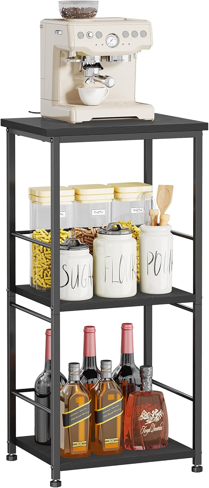 SWTYMIKI Coffee Bar Cabinet for Home - 3-Tier Sturdy Farmhouse Coffee Stand Station Multi-Purpose Buffet Sideboard - Kitchen Bar Table for Living Room, Corner, Small Space, Black