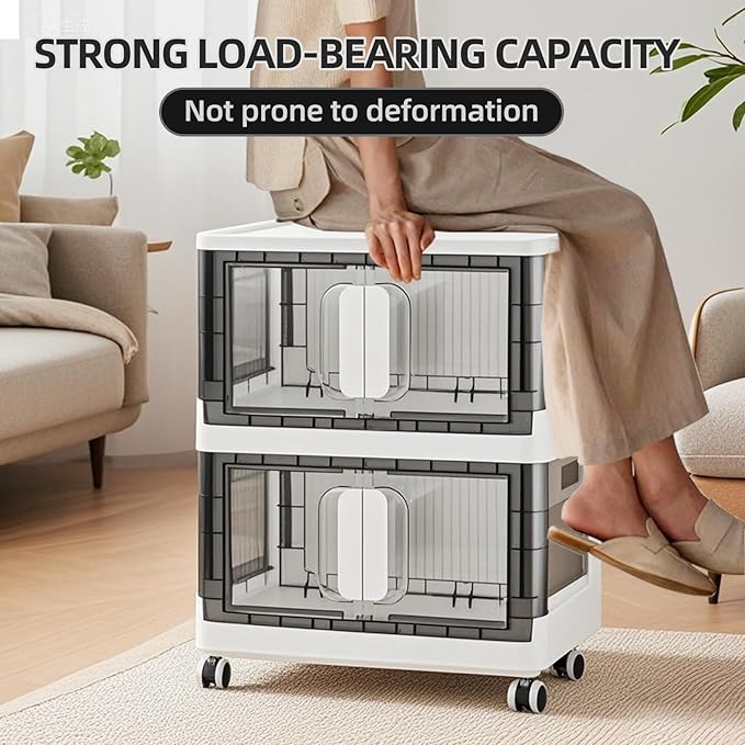 Folding Storage Organizer with Silent casters | Stackable Design for Home & Office, Heavy-Duty Plastic Storage Bin with Clear Door, 3 Sizes (19.5/23.5/27.5in),Black/White (23.6" 5 layer, White)