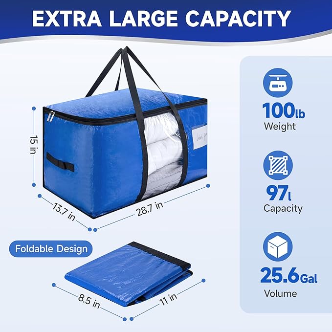 CONGREGATE 8-Pack Heavy Duty Blue Moving Bags with Zippers and Handles, Heavy Duty Storage Handbags, PE Material, Window Design, 97 Liters / 25.6 Gallons (28.7 Inch x 13.7 Inch x 15 Inch)