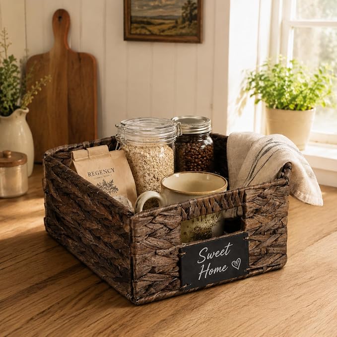 Nitial Wicker Storage Basket, Rectangular Water Hyacinth Storage Basket for Shelving, Foldable Woven Pantry Organizer with Chalkboard Label and Chalk Marker(12 x 9 x 5 Inch,Dark Brown)