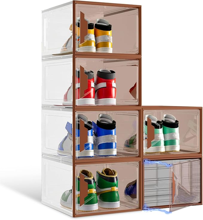 6 Pack Plastic Shoe Storage Box Organizer Magnetic Stackable | Upgraded Thicken Material, Stackable Space-saving, Fits Sneakers & Boots, Sturdy Shoe Box, Magnetic Door, Easy Assembly