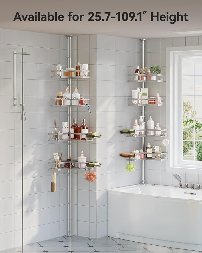 YASONIC Corner Shower Caddy Tension Pole, 25.7-109.1in Adjustable Shower Shelves, Rust-Resistant Shower Organizer, No-Drill 3-Step Installation, Bathroom Shelves for Renters & Family, Silver
