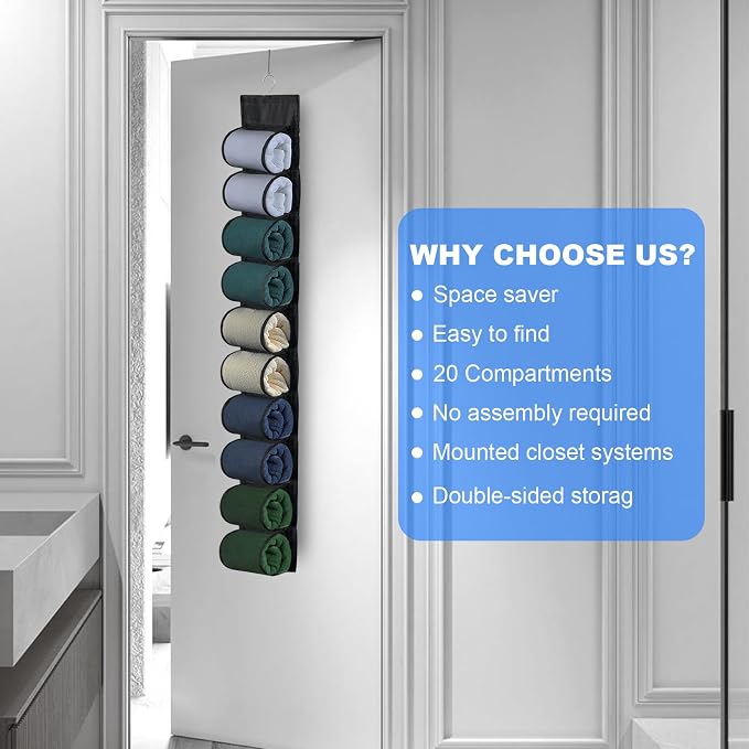 20-Pocket Hanging Legging Organizer for Closet Storage (Black) | Hang on closet rod, behind door, leggings, jeans, scarves neatly. Space-saving design for bedroom, dorm