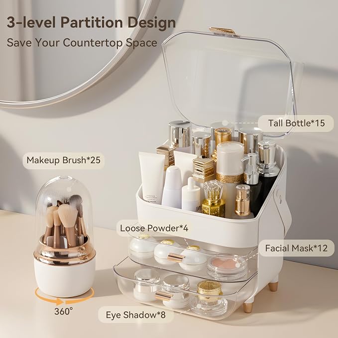 Makeup Organizer for Vanity with Brush Holder, Lid and 2 Drawers, Rose Gold | Large Capacity Bathroom Counter Organizer for Skincare, Cosmetic Storage, Dustproof, Waterproof, Teen Girl Gifts