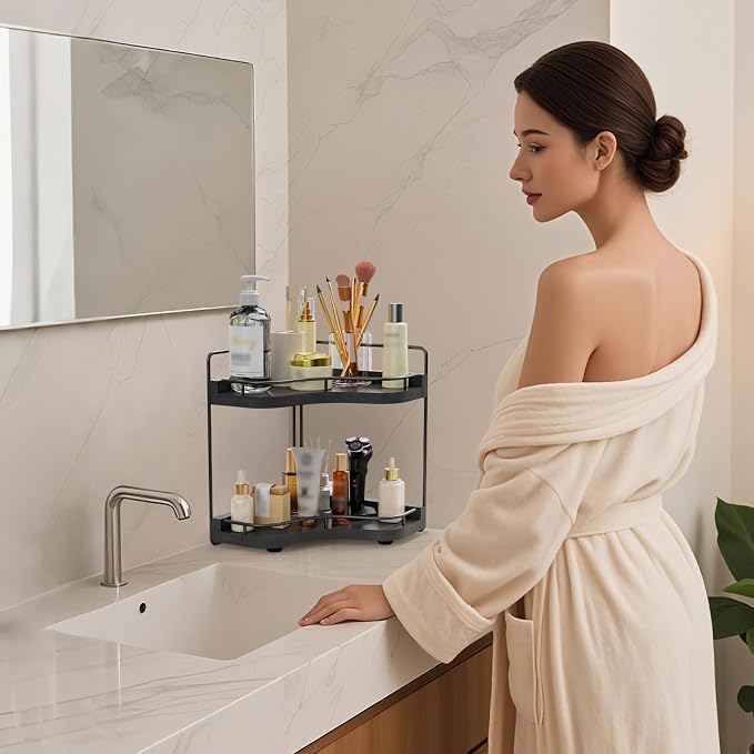 2-Tier Corner Bathroom Counter Organizer for Storage, Black | Larger Size, Solid Wood, Embedded Screw Holes, sink and Vanity Countertop Organizer for Perfume, Skincare & Makeup Storage