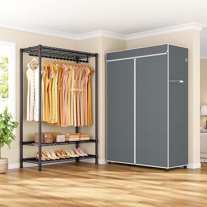 ULIFHOME H5C Plus Clothes Rack with Cover, Portable Closet for Hanging Clothes, Covered Clothing Racks Heavy Duty, Garment Racks with Shelves, Max Load 370LBS, Black Closet Rack with Gray Cover