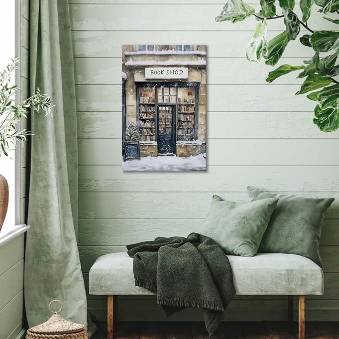 Winter Snowy Bookshop Art Aesthetic Poster Canvas Wall Art Decoration Living Room Home Decor Bedroom Decoration Poster Framed8x12inch