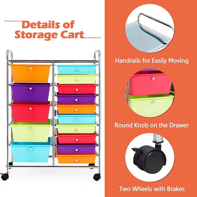 Moccha 15-Drawer Rolling Storage Cart - Under Desk Storage Drawers with wheels for Craft Art Supply Paper Salon, Scrapbook Paper Tools, Mobile Utility Cart for Classroom (15 Drawers, Multicolor)