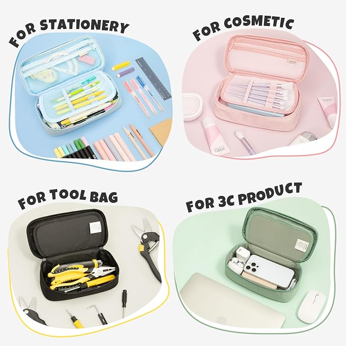 SUNEE Cute Pencil Case, Large Capacity Pencil Pouch, Big Storage Organizer for Stationery, Zipper Pen Bag, Back to School Supplies, Office Organizer Makeup Bag, for Teen Girl Boy Men Women, Black