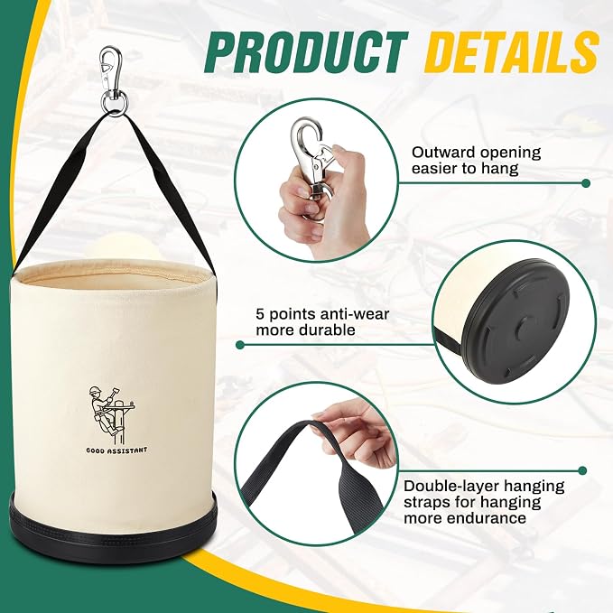 1 Pack 15" x 12" Canvas Tool Bucket Bag, Heavy Duty 150 Lbs Load Capacity, Truck Tool Organizer with Plastic Bottom Metal Hook for Linemen Electricians & Construction Workers (White)