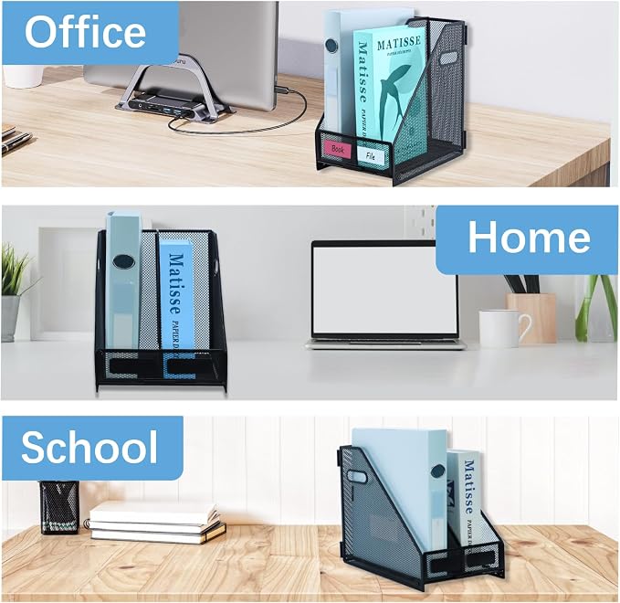Desk Organizers Metal Magazine File Holder Racks Desktop Folder Storage Binder Organiser Document Organization for Home Office & Classroom,2 Vertical Compartments