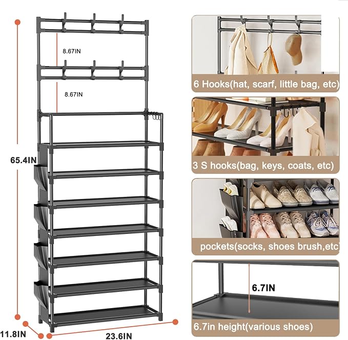 OYREL Shoe Rack 7 Tier Shoe Organizer Storage 21-28 Pairs | Closet Shoes Rack for Front Door Entrance Shoe Rack Organizer with Hooks Side Pocket Entryway Large Capacity Shoe Shelf Tower