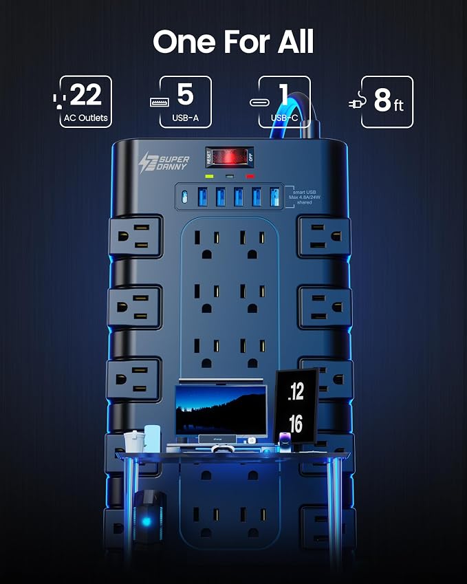 Power Strip Surge Protector, SUPERDANNY 8Ft Long Extension Cord with 6 USB Charging Ports and 22 AC Outlets, 1875W/15A, 2100 Joules, Flat Plug Power Outlet for Home, Office, Dorm, Gaming Room, Black