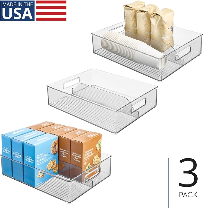 iDesign Divided Pantry Bin with Handles, Set of 3, Clear | For Pantry, For Refrigerator, For Freezer