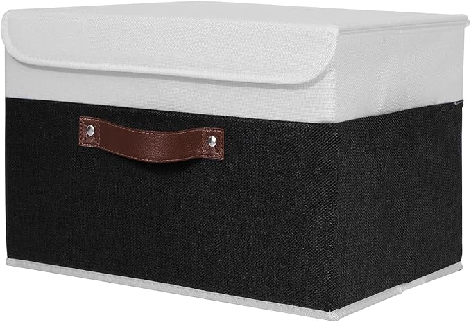 ANMINY Storage Boxes with Lids Washable Decorative Storage Bins Basket with PU Leather Handle Foldable Linen Fabric Storage Cubes Containers for Home Closet Organizer - Black White, Medium