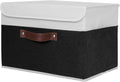 ANMINY Storage Boxes with Lids Washable Decorative Storage Bins Basket with PU Leather Handle Foldable Linen Fabric Storage Cubes Containers for Home Closet Organizer - Black White, Medium