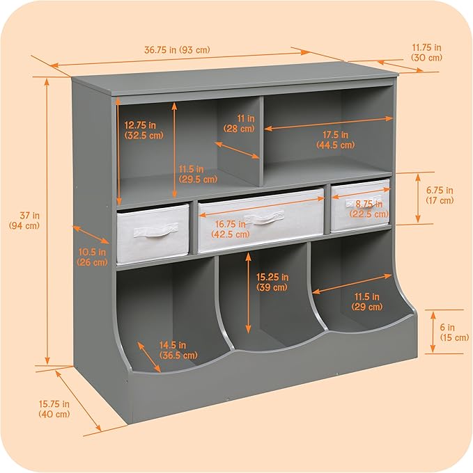 Badger Basket Combo Toy Storage Organizer and Bookshelf - Kids Storage Unit with 3 Removable Baskets, Open Shelves, Top Display Surface - Gray