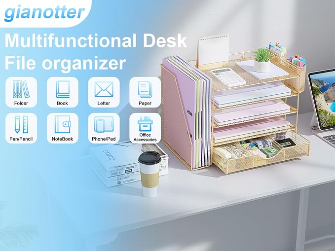 gianotter 5-Tier Desk Organizer with Drawers, File Holders, Letter Trays and Pen Holders - Workspace Accessories for Office Supplies (Gold)