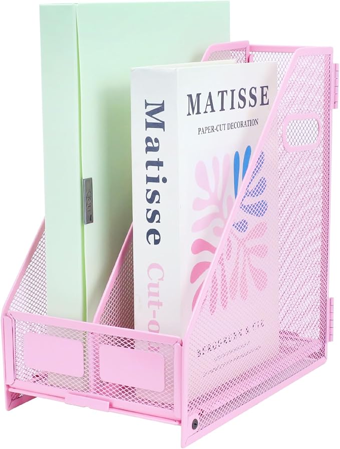 Desk Organizers Metal Magazine File Holder Racks Desktop Folder Storage Binder Organiser Document Organization for Home Office & Classroom,2 Vertical Compartments-Pink