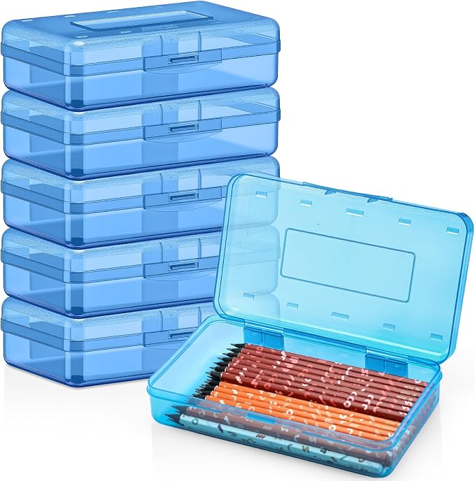 Blulu 6 Pack Large Plastic Pencil Case Box Clear Pencil Boxes Bulk Hard Crayon Box Storage with Snap Lids 8.1 x 4.7 x 2.2 Inch Painting Organizer Classroom Stationery School Supplies (Blue)