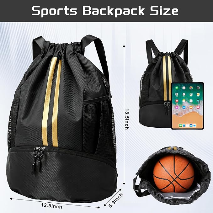 Black Gold Sports Drawstring Backpack with Shoes Compartment, String Gym Bag with Wet Proof Pocket for Basketball, Soccer, Swim, Sport Bag for Men and Women