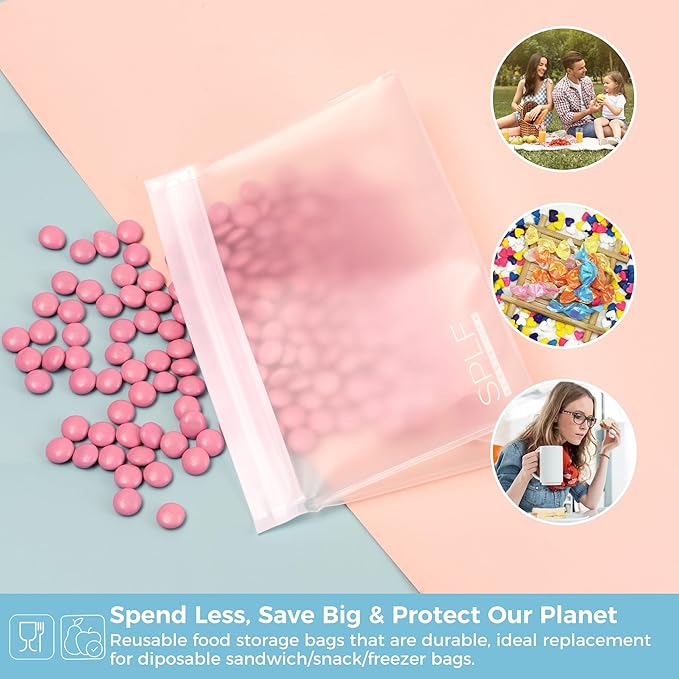 SPLF 6 Pack Dishwasher Safe Reusable Sandwich Bags, Quart freezer bags, Reusable Food Storage Bags, BPA FREE Stand Up Extra Thick Leakproof Silicone Free Zipper Snack Lunch Freezer Bags