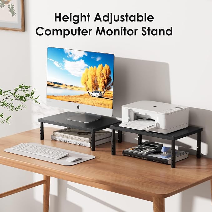 ECOLOVI Wood Laptop Stand for Desk, 4-Height Adjustable Computer Monitor Stand Riser for Desk Organizer and Accessories, Office Desk Accessories Workspace Organizer for Home Office Supplies, Black