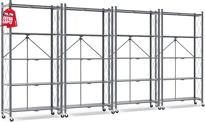 ALANNG 70.7" H Metal Storage Shelves, 5 Tier Folding Shelf on Wheels | Heavy Duty, No Assembly, Rolling, Collapsible Rack Unit for Kitchen, Basement, Pantry (Gray,4 Pack)