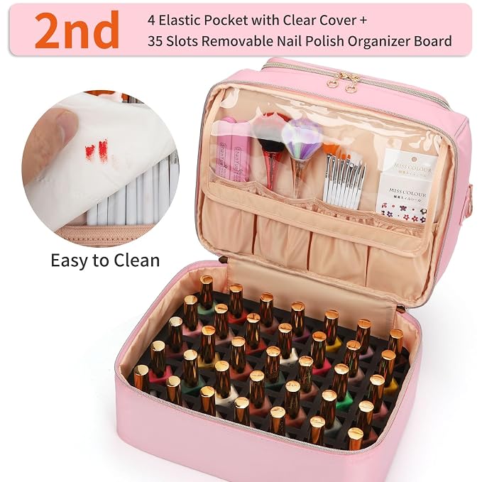 CUBETASTIC Nail Polish Organizer Case, Nail Supplies Storage Box Holds Nail Polish Bottles & Nail Lamp, Travel Nail Tech Carrying Case, Nail Kit Bag For Nail Stuff & Manicure Tools (Pink, 45 Slots)
