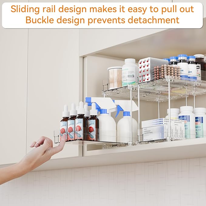 Yieach 2 Tier Pull Out Cabinet Organizer and Medicine Cabinet Storage for Supplement,Vitamin,Medication and Pill Bottle,10.4" Deep Pantry Organizers Drawer,Under Sink Organizer for Bathroom,Cupboard