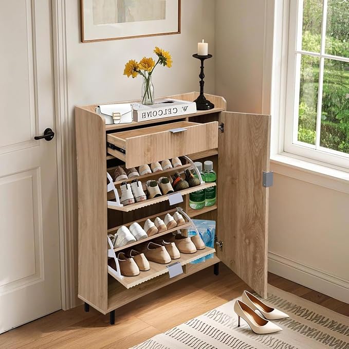 GarveeHome Narrow Wave Pattern Shoe Storage Cabinet with 2 Flip Down Drawers, Freestanding Entryway Shoe Organizer with Adjustable Inner Shelves & Metal Legs for Hallway Bedroom Small Spaces