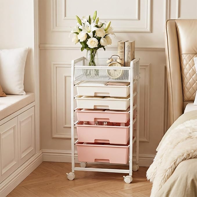Stylish Rolling Craft Cart with Wheels and 5 Drawers, Art Cart Organizer and Storage, Rolling Storage Cart for Organizing Crafts, Yarn, Toys, School Supplies, etc
