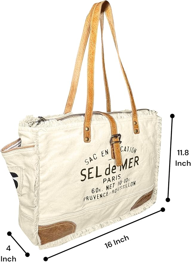 RUSTIC TOWN Canvas Leather Tote Bag for Women - Sel De Mer Upcycled Canvas Shoulder Hobo Travel Handbag Ladies Purse Satchel