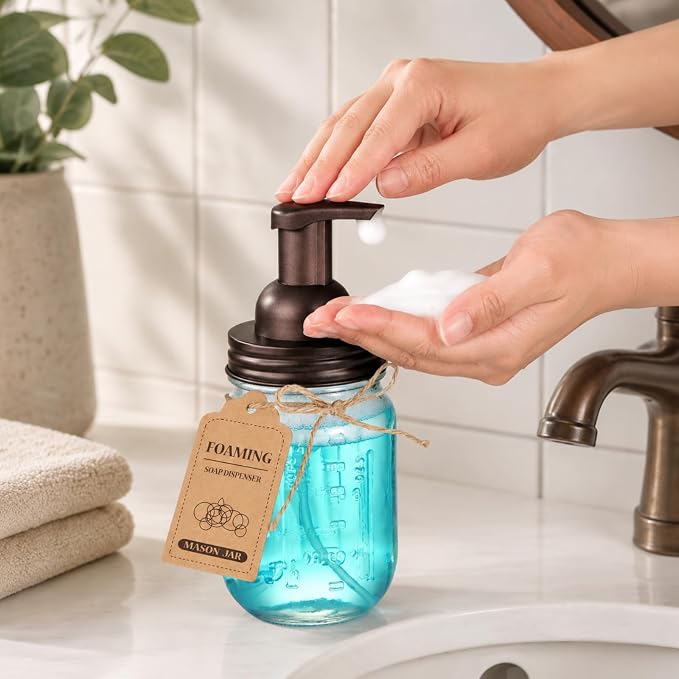 SheeChung Mason Jar Foaming Soap Dispenser-Rustproof Stainless Steel Lid & Foaming Soap Pump, Refill Foam Hand Soap Dispenser Glass for Bathroom Kitchen Vanities, Countertops-Bronze (1 pk)