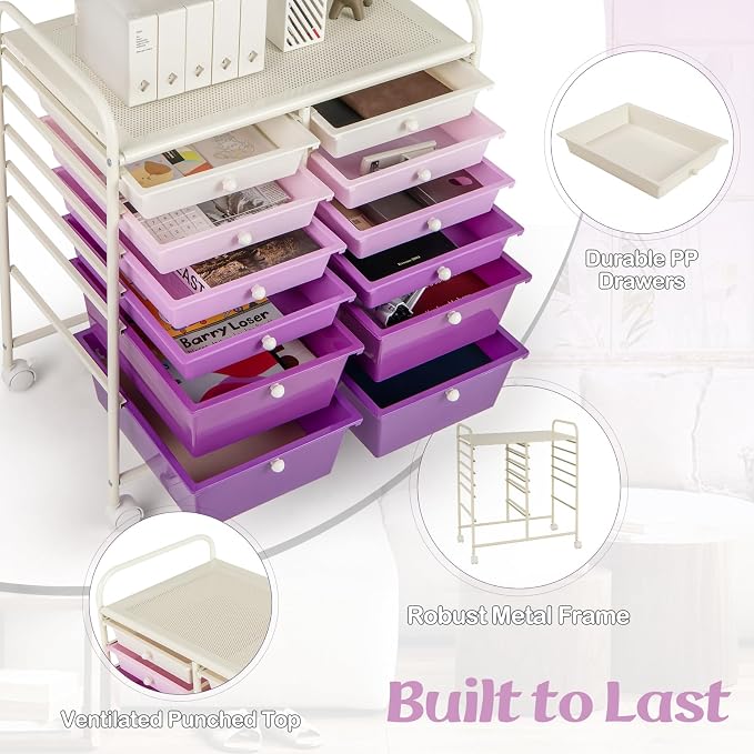 DREAMADE Rolling Cart with Storage Drawers, Utility Cart w/Removable Plastic Drawers, Lockable Wheels, Art Cart for Classroom Organization Art Supplies Office Scrapbook (12 Drawers, Purple Gradient)