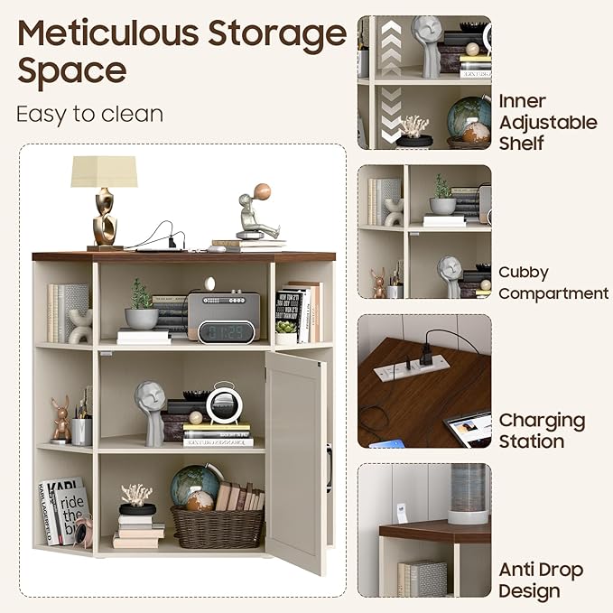 Halitaa Corner Storage Cabinet, Farmhouse Corner Bookshelf with Storage 6-Cubby Wooden Cabinet with USB Ports and Outlets Industrial Organizer for Small Space, Study, Playroom, Living Room