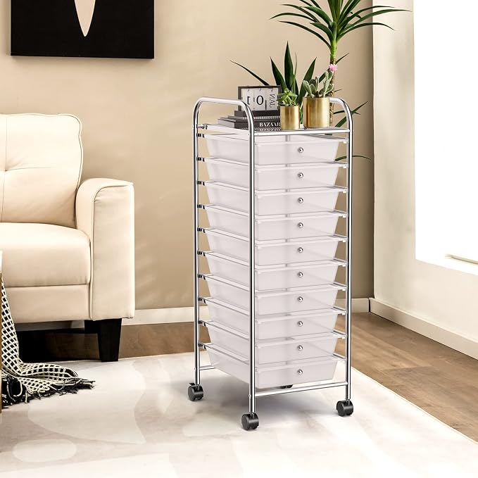 DREAMADE Rolling Cart with 10 Storage Drawers, Utility Cart with Removable Plastic Drawers, Lockable Wheels, Art Cart for Classroom Organization Art Supplies Office Scrapbook Tool Craft (Transparent)