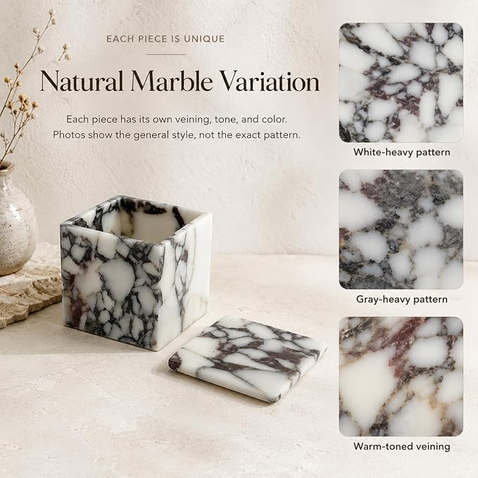 Natural Marble Square Storage Box with Lid, 3.94 in | A small lidded natural marble box that turns jewelry, cotton swabs, and hair ties into a polished vanity display.