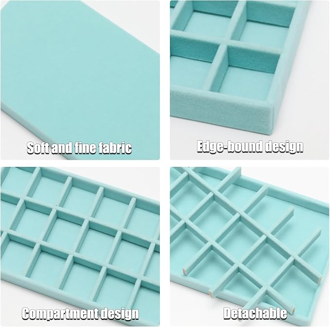 Velvet Jewelry Trays for Drawers, Blue Stackable Jewelry Drawer Organizer Inserts, Ring Earring Necklace Bracelet Holder Organizer Storage Display Tray with Removable Dividers, 18 Grids