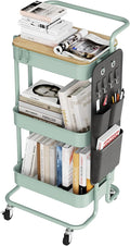 DTK 3 Tier Metal Utility Rolling Cart with Table Top and Side Bags, Metal Tray Storage Organizer Cart with Wheels, Art Craft Cart with 4 Hooks for Kitchen Bathroom Office Living Room (Green)