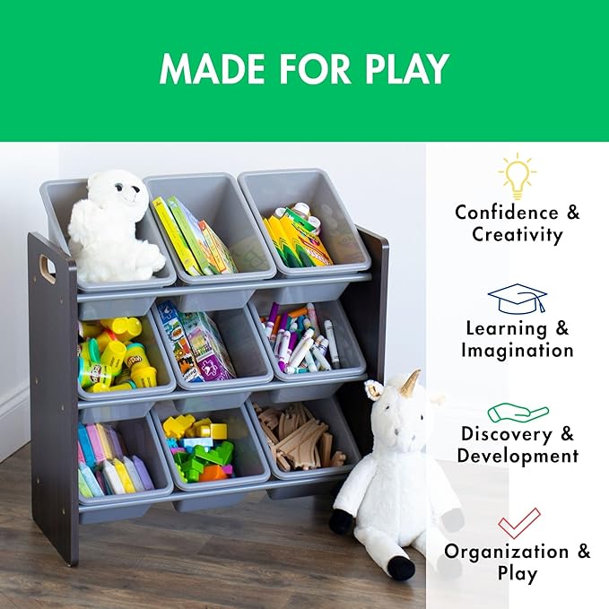 Humble Crew 9-Bin Toy Organizer – Sumatra Espresso/Grey Plastic Bins, 3-Tier Storage Solution for Kids' Playrooms and Nurseries
