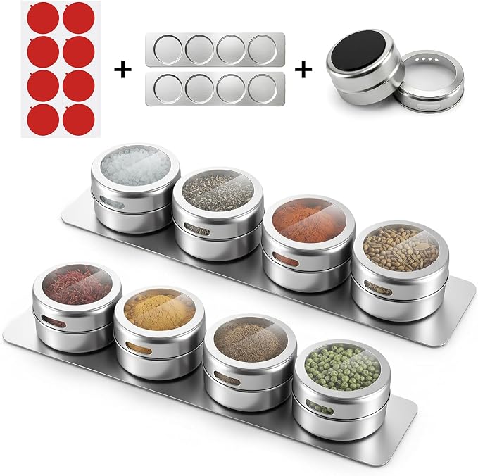Magnetic Spice Rack with 2 Metal Plates & 8 Magnetic Spice Jars - Stainless Steel Seasoning Tins with Clear Lid & Double-Sided Stickers for Kitchen Refrigerator Organization
