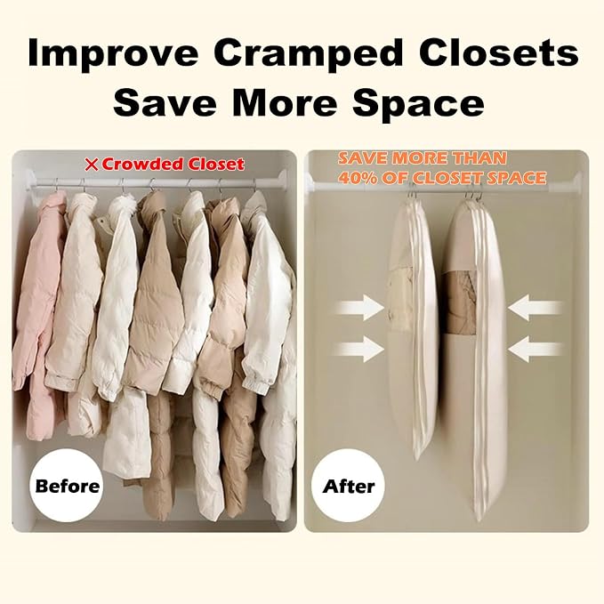 Space Saving Hanging Garment Bag with Self Compression Zipper, Update Space Saver Clothes Storage Organizer, Dust Cover Clothes Bags for Down Coat Suit Dress or Jacket (Beige, XL)