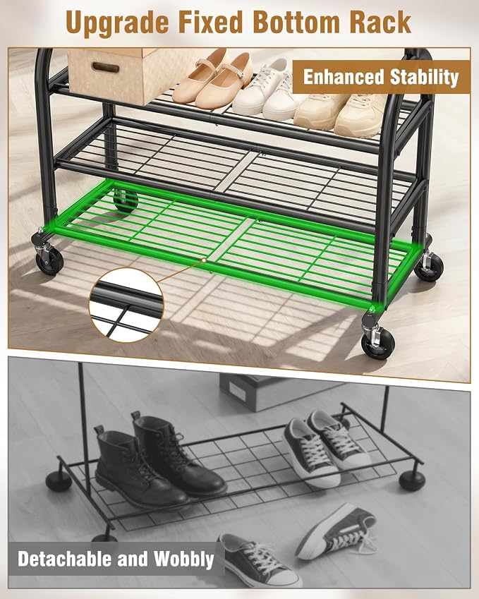 EAGMAK Heavy Duty Clothes Rack for Hanging Clothes Load 688 LBS, Height Adjustable Rolling Clothing Racks, Portable Metal Coat Rack Garment Wardrobe with Wheels and 3 Shelves for Bedroom, Black