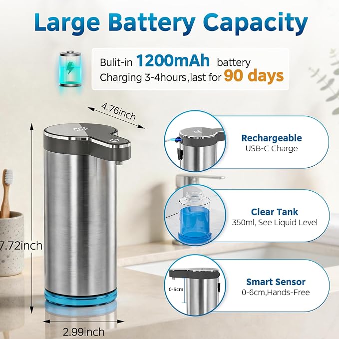 Automatic Liquid Soap Dispenser, Touchless Rechargeable Soap Dispenser for Kitchen & Bathroom, Stainless Steel, 4 Adjustable Liquid Levels, USB-C, Waterproof, 12oz/350ml